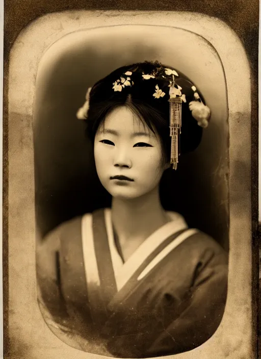 Prompt: a wet plate portrait of a young asiatic young woman, geisha, photorealistic, cinematic light, highly detailed, smooth, sharp focus, illustration, shallow depth of field