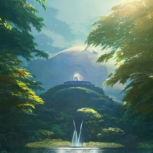 Image similar to geodesic dome in front of a lake with gardens and waterfall, gapmoe kuudere moody lighting stunning bokeh highlights sharp contrast | trending pixiv fanbox | by greg rutkowski makoto shinkai takashi takeuchi studio ghibli