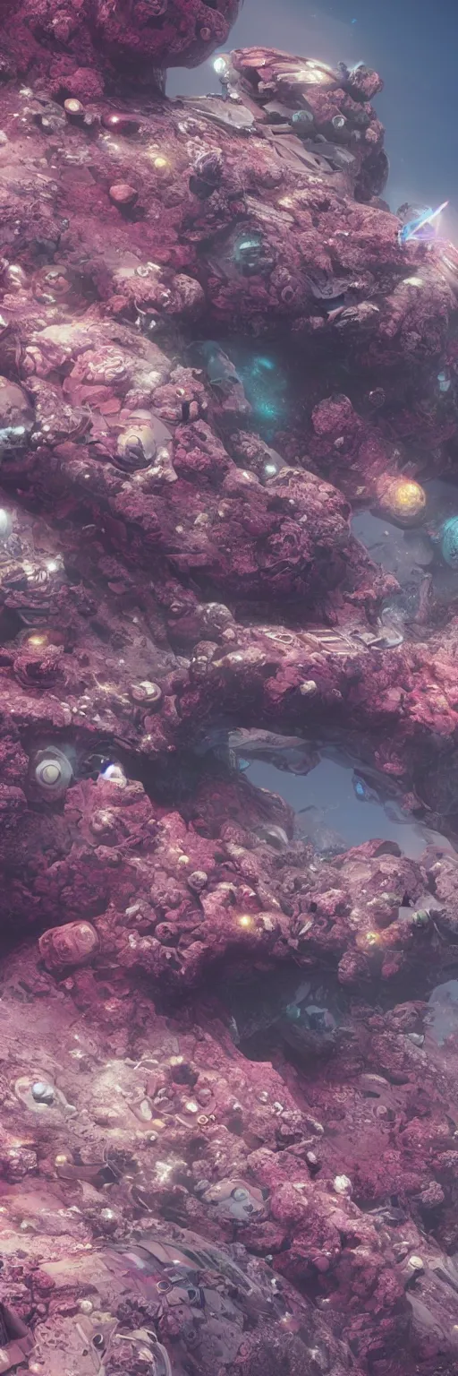 Prompt: A futuristic science fiction spaceship crashed on a planet made of coral reefs, hyperrealistic, octane render, photorealistic,