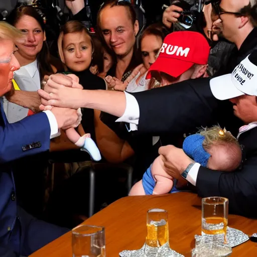 Image similar to Donald Trump arm wrestling a baby, paparazzi