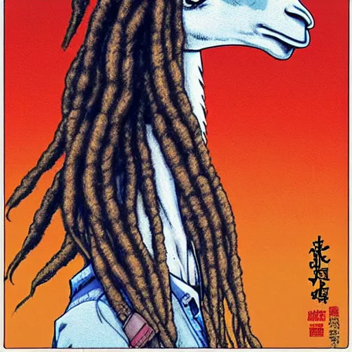 Prompt: llama with dreadlocks, heroic pose, by Katsuhiro Otomo, detailed, with beautiful colors