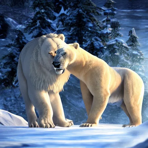Image similar to A Polar Bear fighting an Male Lion, artstation, 4k detailed