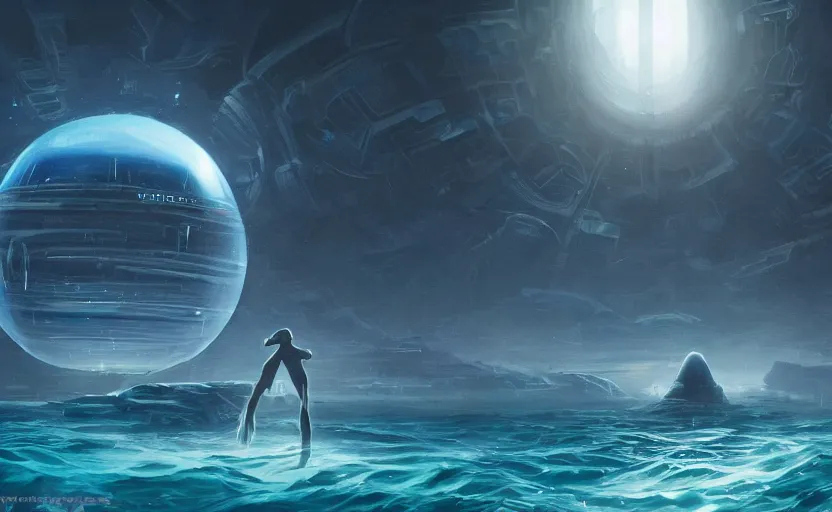 Image similar to an extremely detailed low angle masterpiece epic color scene of a humanoid in the ocean looking up at a dome covered futuristic city on an earth like planet with a ringed planet and stars background, in the style of banksy, elegant, highly detailed, digital painting, artstation, cinematic lighting, extremely moody lighting, glowing light and shadow, 4 k