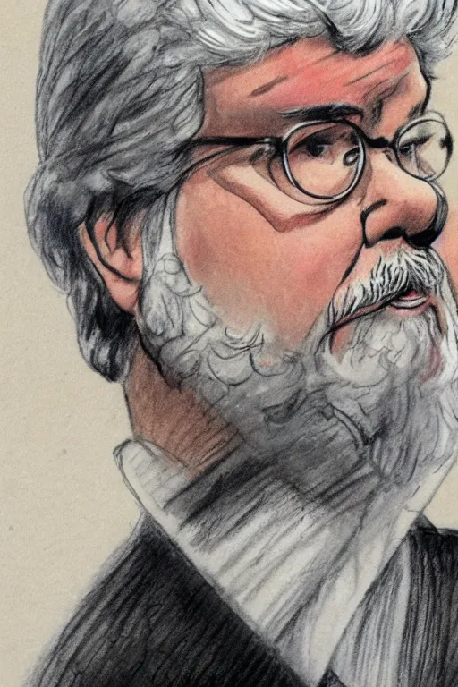 Prompt: courtroom sketch of George Lucas on trial