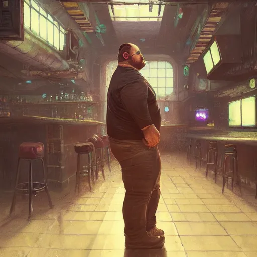 Image similar to portrait of an overweight cyberpunk barkeeper, robotarm, ratz, neuromancer, bar background, painted by greg rutkowski, painted by igor kieryluk, high detail, dramatic light, digital art, trending on artstation