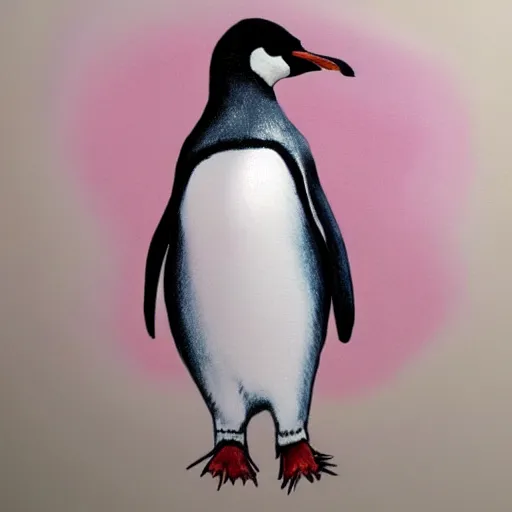 Image similar to photorealistic colorful drawing of a penguin in a pink dress, high quality, 8 k quality