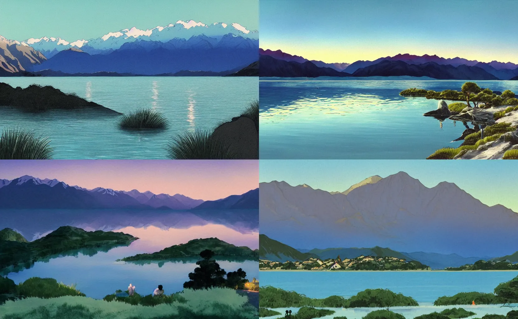 Prompt: the scenery of Lake Wānaka at dusk, background artwork by Studio Ghibli