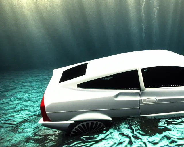 Image similar to white lotus esprit submerged under water, cinematic, photoreal, by red dead redemption 2