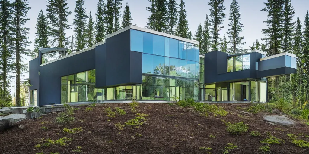 Prompt: large futuristic residence in Washington state, large windows, rectangular elements, concrete, blue and green metal