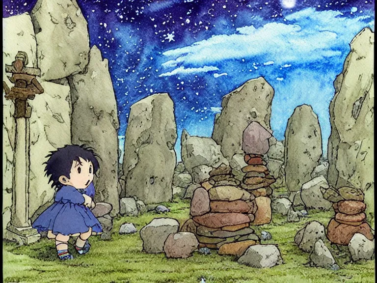 Image similar to a simple watercolor studio ghibli movie still fantasy concept art of a giant medieval kid playing with stones like they are toys in a tiny stonehenge. it is a misty starry night. by rebecca guay, michael kaluta, charles vess