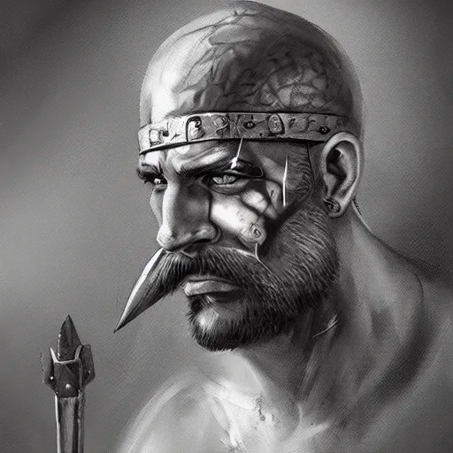 Prompt: portrait old barbarian warrior with face tattoo and trucker mustache, 8 k, trending on art station, by tooth wu and greg rutkowski