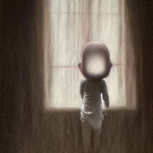 Prompt: Curtain Ghost by Mark Arian, dark, horror, surrealism, horror scene of a child staring outside the window. Screaming for help by Santiago Caruso