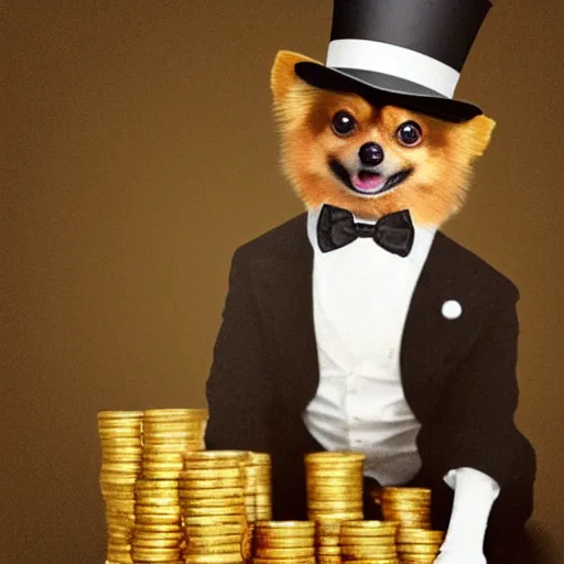 Image similar to a tan pomeranian wearing a top - hat and a monocle and sitting on large pile of featureless gold coins