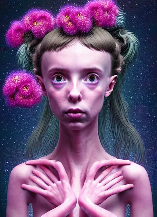 Image similar to hyper detailed 3d render like a Oil painting - kawaii portrait Aurora (a girl with skin like a skeksis from dark crystal that looks like millie bobby brown and Krysten Ritter) seen Eating of the Strangling network of yellowcake aerochrome and milky Fruit and His delicate Hands hold of gossamer polyp blossoms bring iridescent fungal flowers whose spores black the foolish stars by Jacek Yerka, Ilya Kuvshinov, Mariusz Lewandowski, Houdini algorithmic generative render, Abstract brush strokes, Masterpiece, Edward Hopper and James Gilleard, Zdzislaw Beksinski, Mark Ryden, Wolfgang Lettl, hints of Yayoi Kasuma, octane render, 8k