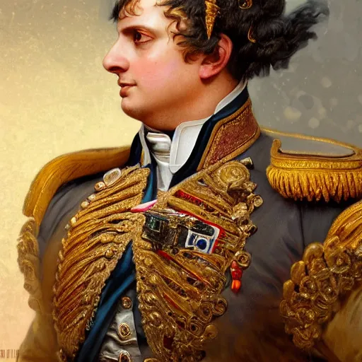 Image similar to portrait of divine emperor napoleon bonaparte, handsome, tall, dieselpunk steampunk napoleonic french baroque, metal shoulder pauldrons, intricate, highly detailed, digital painting, artstation, concept art, sharp focus, cinematic lighting, illustration, art by artgerm and greg rutkowski, alphonse mucha, cgsociety