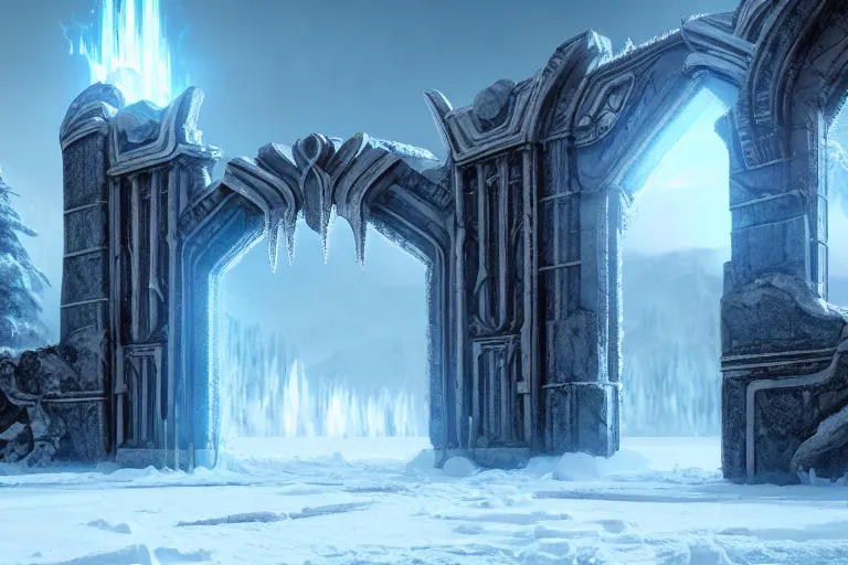 Image similar to a very detailed concept art of epic gates to frost, trending on artstation, symmetry, digital art, 4 k, hyper realistic, octane render, sharp focus