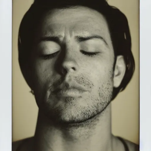 Prompt: a professional polaroid portrait fine art photo of a man with an asymmetrical face with his eyes closed. the man has black hair, light freckled skin and a look of confusion on his face. extremely high fidelity. key light.