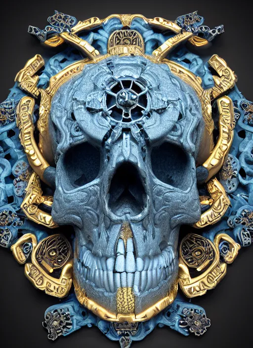 Prompt: 3d render ultra detailed of a skull, art deco, intricate gears details, hyperrealistic, ultra detailed, elegant, octane render, blue and gold, 8k, trending on Artstation, unreal engine