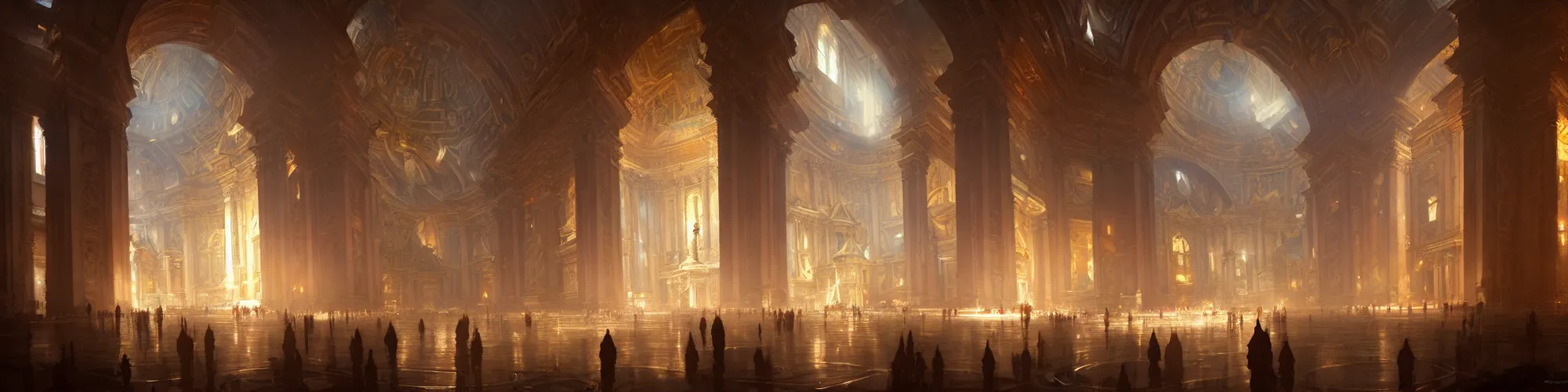 Prompt: painting of interior of cozy fantasy of st. peter's basilica by greg rutkowski, craig mullins, clear focus fantasy light atmospheric cinematic lighting, trending on artstation