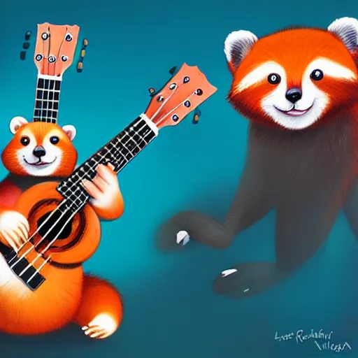 Image similar to cute fluffy Ailurus fulgens playing a ukulele, fully detailed, high quality , 4k , digital art, digital painting, soft light , masterpiece