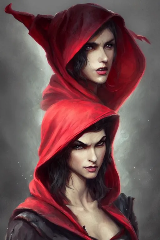 Image similar to thief red riding hood, d & d, fantasy, portrait, highly detailed, headshot, digital painting, trending on artstation, concept art, sharp focus, illustration, art by artgerm and greg rutkowski and magali villeneuve