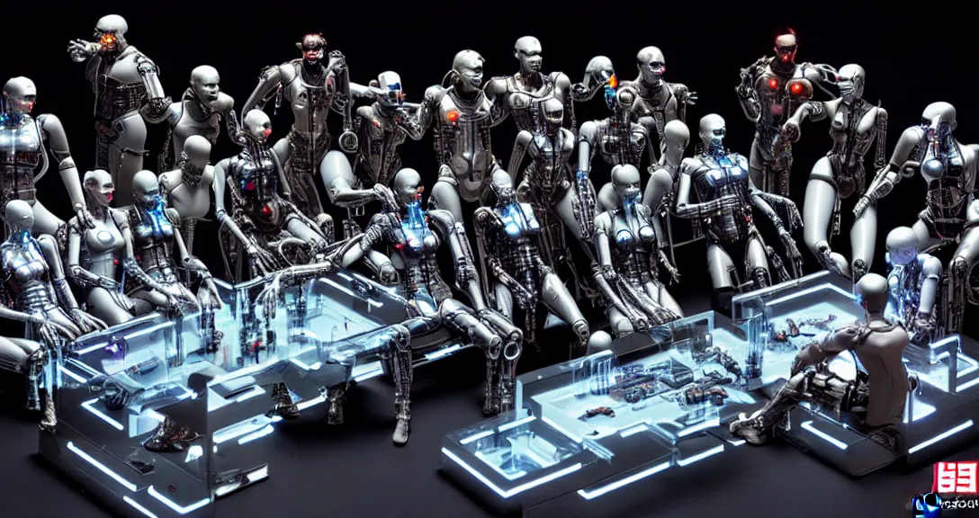 Prompt: war, 13 diverse cyborgs on one_side of a reflective !cybernetic table, posing_as_last_supper, inticrate detailed glowing implants, highly detailed, dramatic lighting, electrical details, high details, beautiful lighting