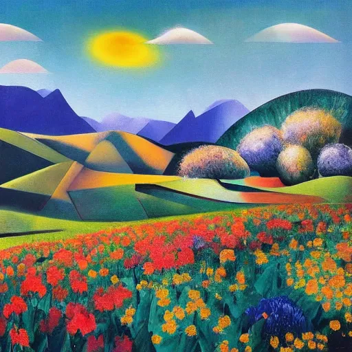 Prompt: mountain landscape in summer, flowers, teal landscape, dreamy light, sunny complementary palette, by and jacek yerga and tamara de lempicka and jesse king, pop surrealist, wiccan