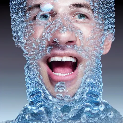 Image similar to portrait of a man who's face is made of bubble wrap plastic, he looks terrified, realistic photoshop