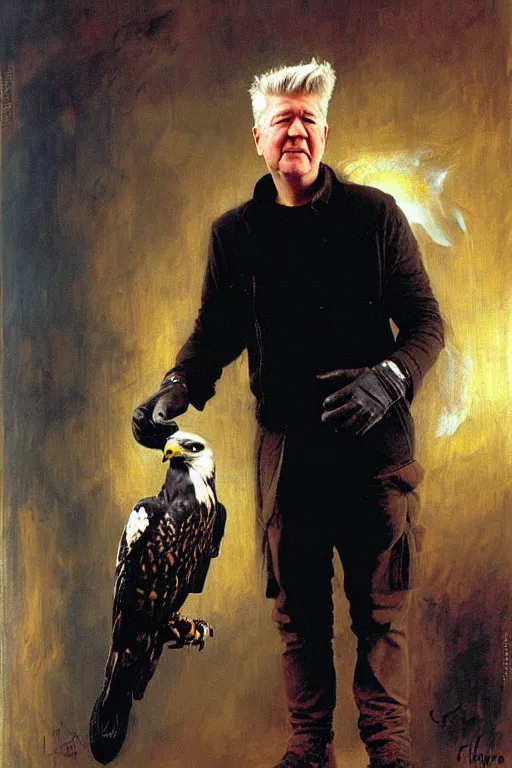 Image similar to david lynch with falconers glove, holding falcon painting by gaston bussiere, craig mullins