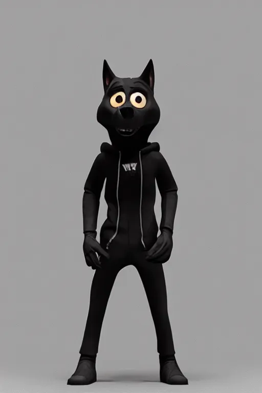 Image similar to a wolf wearing a black hoodie, Pixar style, 3D render, octane render, unreal engine 5, path tracing, cute, Disney style, 4K, natural lighting, high quality, highly detailed, low poly,