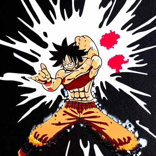 Image similar to die cut sticker, luffy gear 4, splatter paint on paper