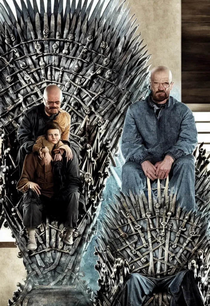 Prompt: Walter white is sitting on the iron throne