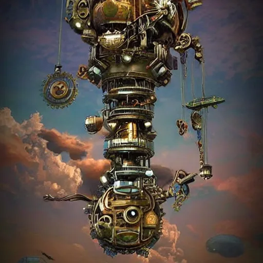 Prompt: flying city in a mechanical flower flower flower flower, sky, steampunk!!!, fantasy art, steampunk, masterpiece, octane