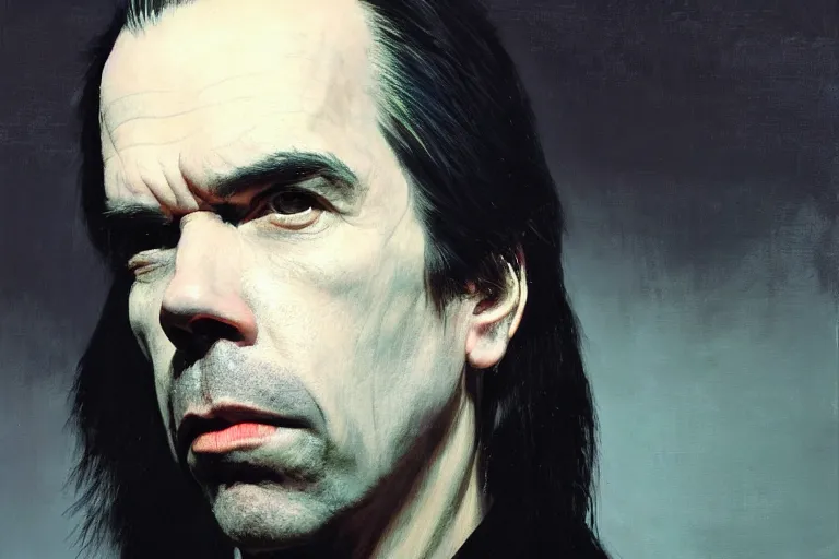 Prompt: a portrait of nick cave, masterpiece, neon highlights, dramatic lighting, painting by caravaggio and ruan jia and jakub rebelka