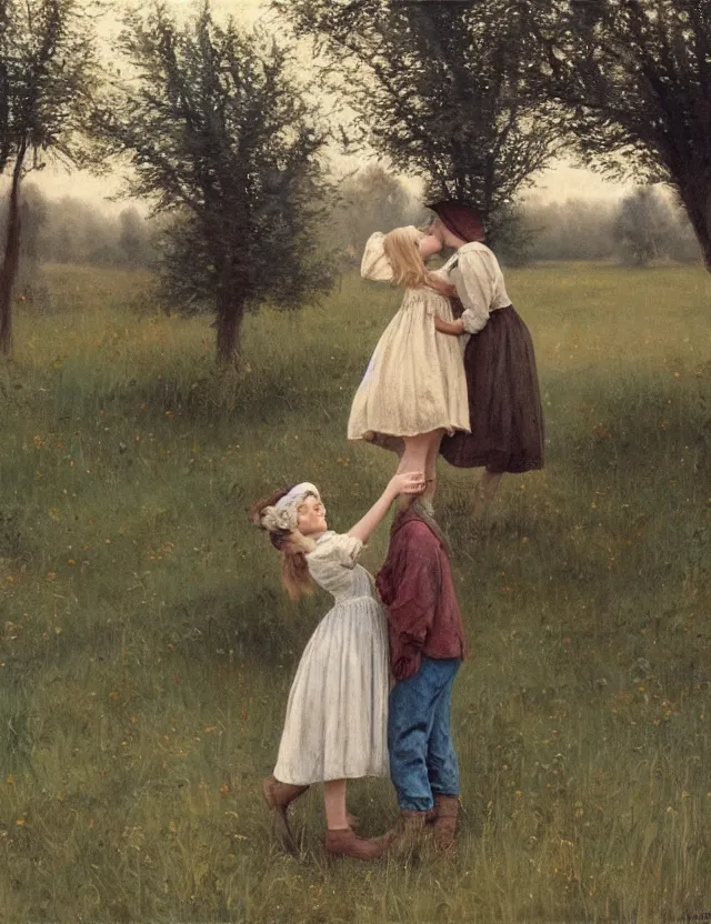 Prompt: peasant girls kissing on a farm, lolita style, Cottage core, Cinematic focus, Polaroid photo, vintage, neutral colors, soft lights, foggy, by Steve Hanks, by Serov Valentin, by Andrei Tarkovsky, by Terrence Malick, 8k render, detailed, oil on canvas