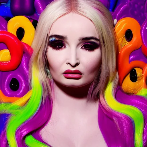 Image similar to kim petras in candyland portrait, eyes closed, album cover