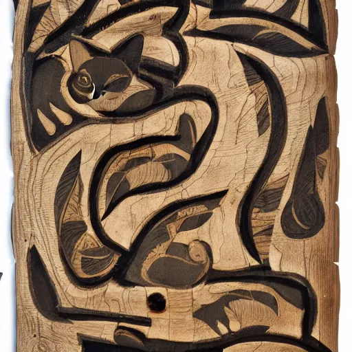 Prompt: kashmire motif of cats dissolving, made of wood