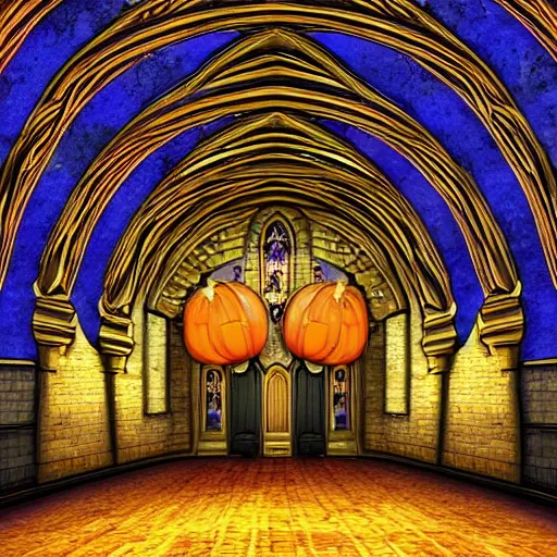 Image similar to large gothic hall with a large pumpkin on the ceiling, moonlight, art station, detailed, colorful, symmetrical