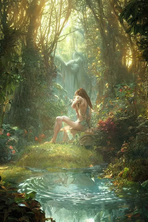 Image similar to an enchanted forest pool, highly detailed, digital painting, artstation, concept art, sharp focus, illustration, art by artgerm and greg rutkowski and alphonse mucha