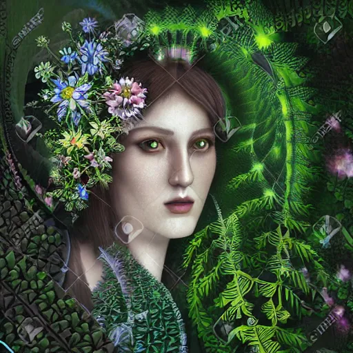 Image similar to an knight, stern face, clear eyes, shining armour made of steel and flowers, and fractal flowery hair in a fractal garden, glowing delicate flower and ferns that grow in a dark fatansy forest,