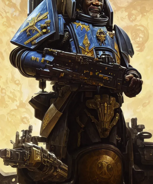 Image similar to morgan freeman as warhammer 4 0 k space marine chaplain, portrait, fantasy, intricate, elegant, highly detailed, digital painting, artstation, concept art, smooth, sharp focus, illustration, art by artgerm and greg rutkowski and alphonse mucha