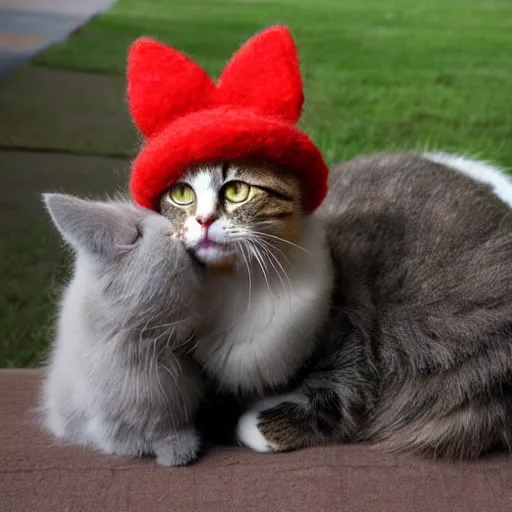 Image similar to cute cat photo licking tongue sticking out, wearing wool hat cat ears