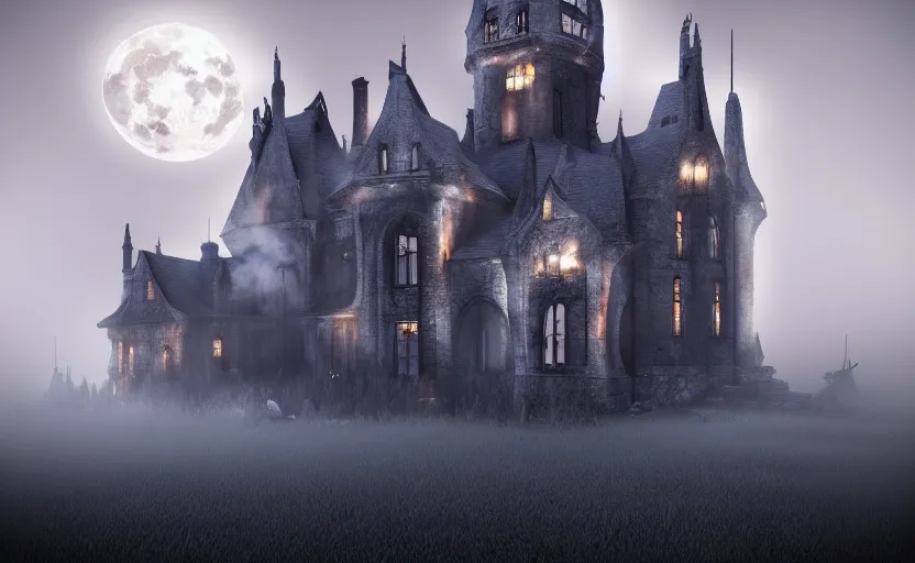 Image similar to a picture of burning!!! gothic! castle in fog, full moon, visual art, 8 k resolution, 3 d modelling, accent lighting, art station