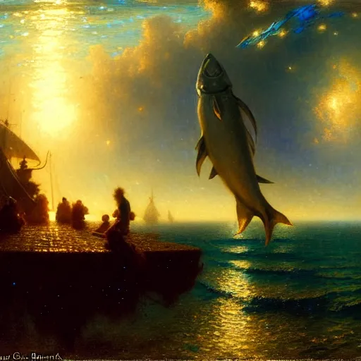 Image similar to point of view of deep in the ocean looking up, you see fishes, higher the milk way, night time, midnight. highly detailed painting by gaston bussiere, greg rutkowski 8 k