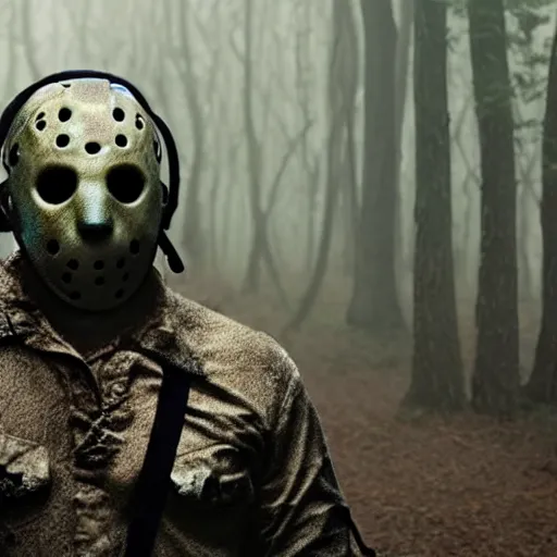 Image similar to A still image of Jason Voorhees in the woods foggy very detail 4K quality super realistic