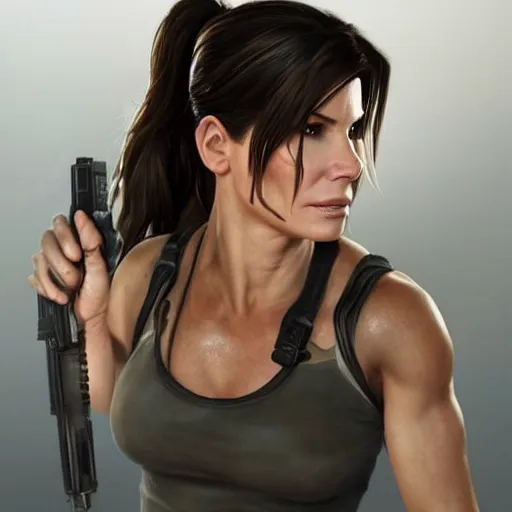 Image similar to hyperrealist portrait of sandra bullock as lara croft. fantasy art, photo realistic, dynamic lighting, artstation, poster, volumetric lighting, very detailed faces, 8 k, award winning