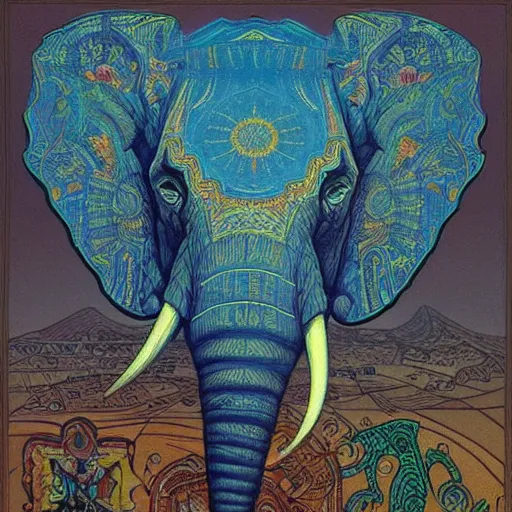 Image similar to elephant, beautiful aztec painting by johfra bosschart and michael whelan, trending on artstation russian technological shoal mayonnaise ash tree, by innes and jean giraud, a small