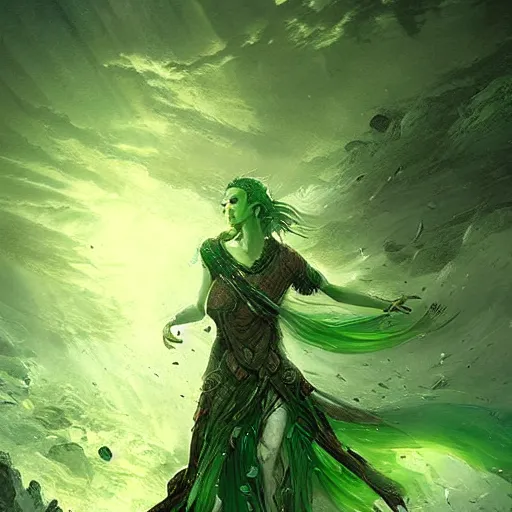 Image similar to green nature humanoid tornado character, epic fantasy style, in the style of Greg Rutkowski, mythology artwork