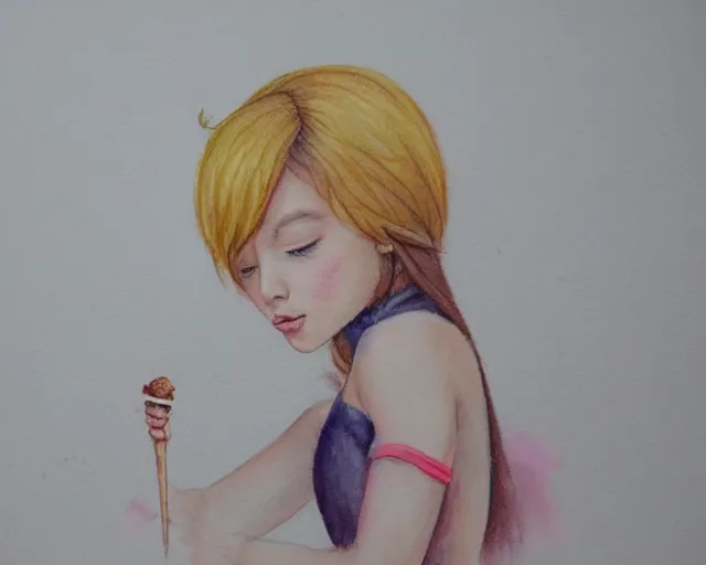 Image similar to a girl with the ice cream watercolor colored pencil painting trending on artstation