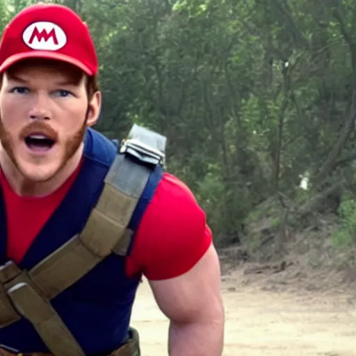 Image similar to chris pratt dressed as mario in a navy seal fire fight